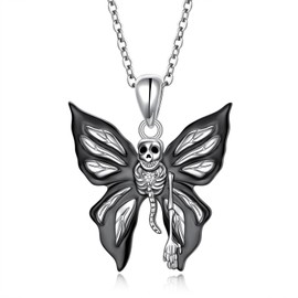 FLYOW Skull Butterfly Necklace S925 Sterling Silver Halloween‘s Day Skeleton Pendant Necklace for Women Gothic Jewelry