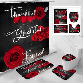 Litabel 4 Pcs Red Rose Shower Curtain Set with Non-Slip Rugs, Toilet Lid Cover and Bath Mat, Thankful Grateful Blessed Romantic Showy Elegant Floral Bathroom Decor Set with Shower Curtain and Rugs