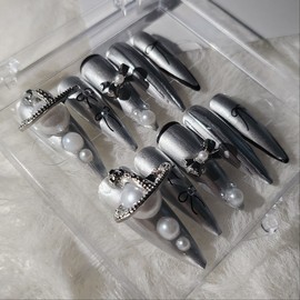 [Handmade nail tip] Silver ballet core ver.2 - Stiletto / [수제네일팁] 실버 발레코어 ver.2 - 스틸레토