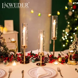 Inweder Hurricane Taper Candle Holders: Gold Glass Candlestick Holder Tall Candle Sticks Holder Decor with Glass Cover for Wedding Table Centerpiece Party Birthday Christmas Home Mantel Set of 6