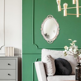 LONGWIN Vintage Oval Mirror for Wall Decor, Ornate Hanging Small Mirrors for Living Room/Bedroom, Perfume/Vanity Tray 10 x 14.5 Inch Gray