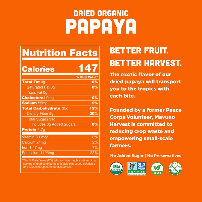 Mavuno Harvest Papaya Dried Fruit Snacks | Organic Dried Papaya