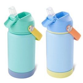 12oz Kids Water Bottle 2 Pack, Stainless Steel Insulated Water Bottle For Kids, Toddler Cup With Straws Leak-proof, Kids Water Bottles For School Boys Girls, BPA Free, Twilight Green+Sky 2-piece set