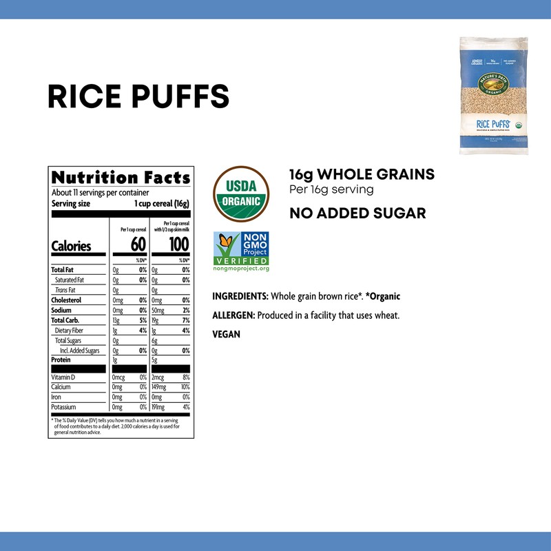 Nature’s Path Rice Puffs Cereal, Healthy, Organic, Gluten-Free, Low-Sugar, 6