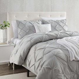 Silver Duvet Cover Queen Size 3 Piece Pintuck Comforter Cover - 1 Duvet Cover 90x90 Button Closure with 2 Pillow Shams - Ultra Soft Microfiber Bedding Pinch Pleated Queen Duvet Cover Set