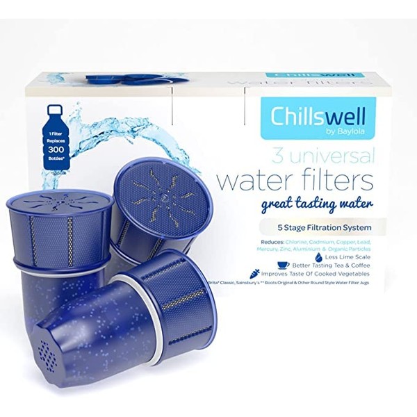 Chillswell Universal Longlife Water Filters 3 Pack (6 Months Supply), BPA Free, Activated Carbon Filter Cartridges Fits Coopers Brita Classic, Sainsburys, Boots, Aldi & Wilko Water Jugs