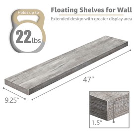 Sorbus Floating Shelves for Wall - 2 Long Shelves for Bedroom, Kitchen, Living Room, Bathroom Shelves, Farmhouse Home Decor - 48 x 9 Inch Wall Mounted Floating Shelf for Wall, Gray