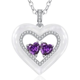 LOUISA SECRET Shell Double Heart Birthstone Necklaces for Women, 925 Sterling Silver Fine Jewelry, Pendant Heart Necklaces Birthday Anniversary Christmas Gift for Women Wife Mom Girlfriend Lady