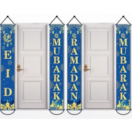 Wiooffen 2 in 1 Ramadan Eid Mubarak Door Banner for Home Decorations Blue Gold Ramadan Kareem Porch Sign Eid Al Fitr Door Decoration Eid Al Adha Party Supplies for Eid Indoor Outdoor Front Door