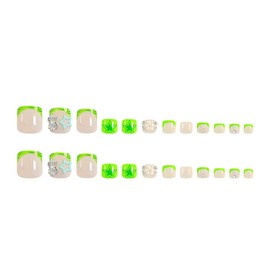 Green Press on Toenails 3D Star Fake Toe Nails Flower False Toe Nails with Designs Rhinestones Glossy Full Cover Acrylic Glue on Toe Nails Artificial Stick on Toenails for Women Manicure 24Pcs