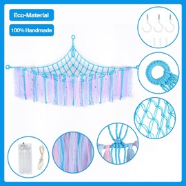 Stuffed Animal Net or Hammock with LED Light, KoHuiJoo Stuffed Toy Hammock Net Hanging Stuffed Animal Storage Organizer Holder Room Décor with Tassels for Nursery Play Room Kids Bedroom (Blue)