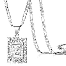 KissYan Initial Letter Pendant Necklace for Men Womens, White Gold Plated Square Capital Monogram Necklace Alphabets from A-Z Figaro Chain Necklace, Stainless Steel, Cubic Zirconia