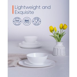 LaGlint Dinnerware Sets for 4, Light & Durable 12 Pieces Opal Glass Plates and Bowls Set, Dishwasher and Microwave Safe Ribbed Dish Dinning Ware, Thin but Strong Geometric Faceted White