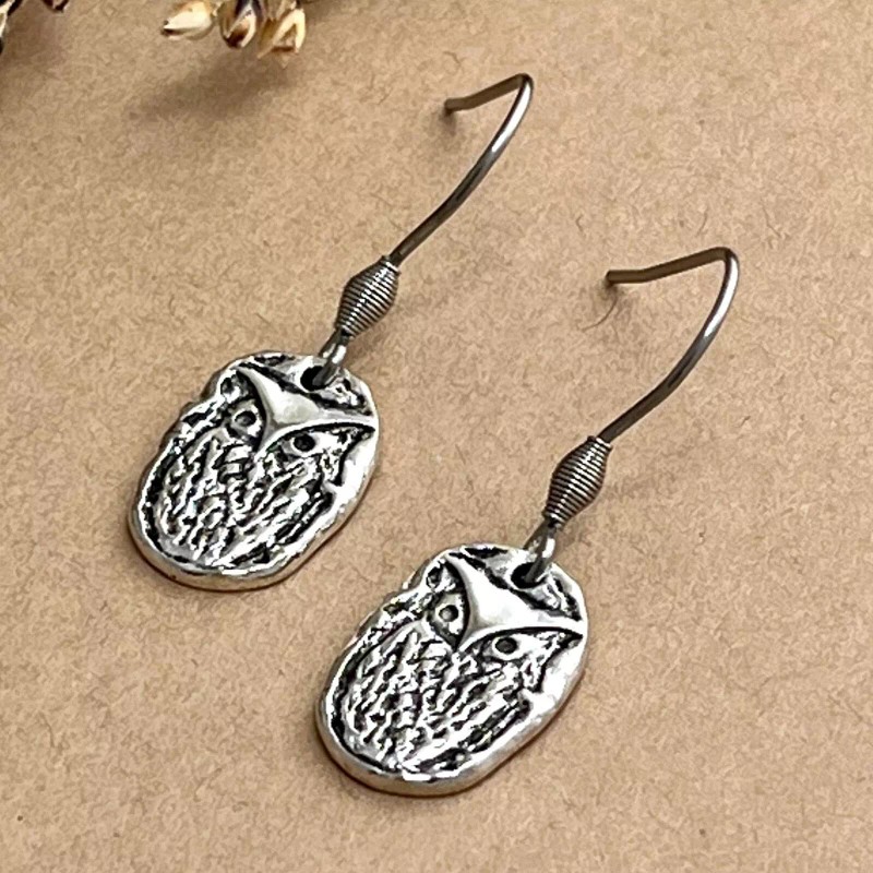 Duct Tape and Denim Owl Earrings, Artisan Coin Charm