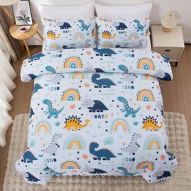 Btargot Lightweight Soft 3 Piece Rainbow Comforter Set with 2 Pillow Covers, Cartoon Dinosaurs Leaves Flowers Bedding Set for Girls Boys Kids, Twin Silver