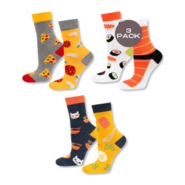 Soxo, Women's Colourful Socks, Size 35-40, Pack of 3, High Cotton Socks with Funny Motifs, Ideal for High and Flat Shoes - Sushi/Ramen/Pizza
