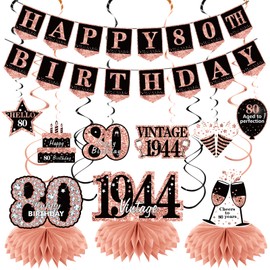 Rose Gold 80th Birthday Banner Decorations for Women, 10Pcs Happy 80th Birthday Banner Vintage 1944 Honeycomb Centerpieces Swirls Kit, Eighty Bday Banner Ceiling Table Topper Party Supplies