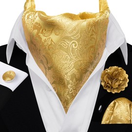 YOHOWA Mens Ascot Tie Cravat Set Paisley Gold Scarf Neckties Pocket Square Cufflinks Formal Wedding Dress Prom Party