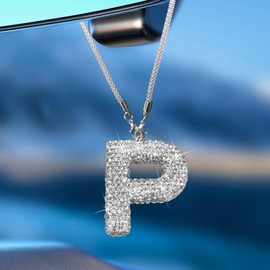 Bling Car Accessories for Women Letter Charm, Rear View Mirror Ornament Cute Hanging Crystal Pendant Girl Car Decorations, Lucky Diamond Rhinestone Girly Charm Interior (White P)