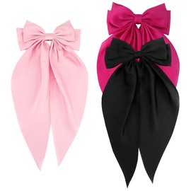 Hair Clips for Women Girls Big Hair Pins with Bows Oversized Hair Ribbons for Long Tail Large Barrettes Bowknot Cute Hair Accessories Black Red Pink, 3 Pack