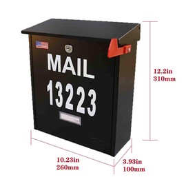 Wall Mount Locking Mailbox - Black Large Capacity Security House Numbers Mailbox - Waterproof Stainless Steel Vertical Drop Mail Box Outdoor with Keys