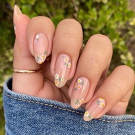 24Pcs Spring Summer Flower Press on Nails Almond Fake Nail Medium Flowers Nails Tips Full Cover Glossy Nude Acrylic Nails Cute Small Floral Stick on Nails for Women Girls