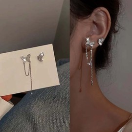 TseenYi CZ Butterfly Necklace Earrings Silver Crystal Butterfly Earrings Small Butterfly Dangle Rhinestone Earrings Long Chain CZ Drop Earrings Sparkling Crystal Earrings Jewellery, Zinc