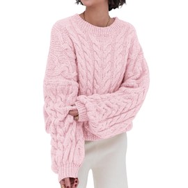 PRETTYGARDEN Long Sleeve Crewneck Cute Valentines Day Sweaters for Women Oversized Pink Sweater for Woman Chunky Pullover (Pink, X-Small)