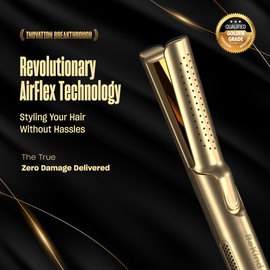 Hair Straightener and Curler 2 in 1 by BeKind Flex, 360° Hair Styler Flat Iron for All Styles, Floating Plates Design, Airflex Lower Temp for Better Styling, Gift for Girls and Women - Golden