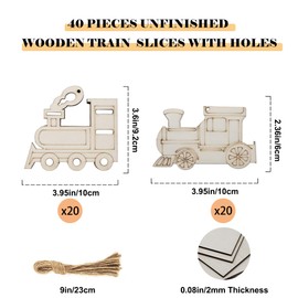 40-Pack 4 Inch Unfinished Wood Train Cutout for Crafts, Paintable Train Shape Wooden Slices Predrilled DIY Train Ornaments for Kids Birthday Decoration Holiday Party Hanging Decor