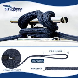 MALZE-NEWSEED Dock Lines Nylon Double Braided 4 Pack 15' with 12" and 15" Eyelets [3/8"┆1/2"┆5/8"] Diameter Boat Accessories - Marine Rope Dock Lines for Boats (Navy Blue, 15'-3/8")