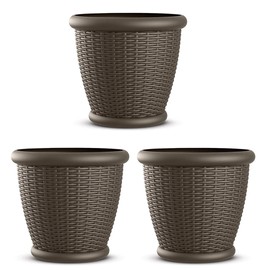 Suncast 18 in Round Decorative Plastic Wicker Style Planter Flower Plant Pot with Drillable Drainage Holes for Indoor or Outdoor Use, Brown (3 Pack)