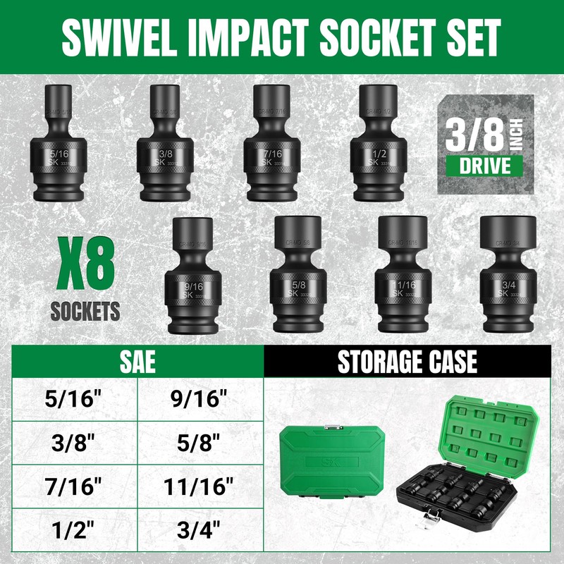 SK 3/8" Drive Universal Swivel Impact Socket Set, SAE Socket