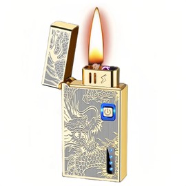 NINSI Smart Kerosene Soft Flame Refillable Lighter, Dual Arc Plasma USB Rechargeable Lighter, Oil & Electric 2-in-1 Lighters, 5 Ignition Methods, Dragon (Fuel Not Included) (Gold)