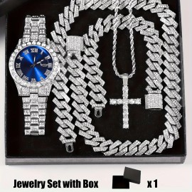 4pcs/set Rhinestone Jewelry Set: Wrist Watch & Cross Pendent for Men/WomenColor: Blue