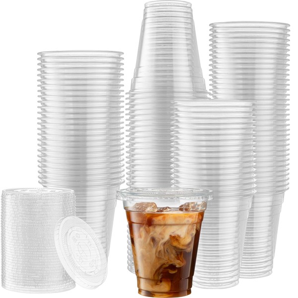 [50 Sets - 12 Oz] Crystal Clear Plastic PET Cups With Flat lids for Iced Coffee, Cold Drinks, Milkshake, Slush Cups, Smoothy's, Slurpee, Party's, Plastic Disposable Cups