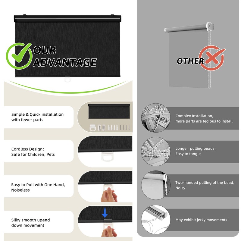 Blackout Roller Shades for Window, Cordless Pull Down Blinds