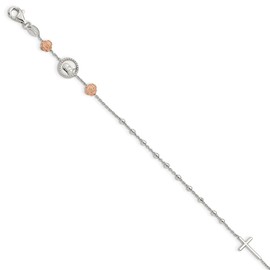 Auriga Fine Jewelry 925 Sterling Silver Beaded with Rose-tone Roses Religious Bracelet 7" with 1" extension