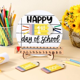 Kosiz Pencil Shape First and Last Day of School Sign with Back to School Board Gifts Round Wooden First Day of Sign Reusable Dry Erase 8''