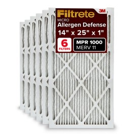Filtrete 14x25x1 AC Furnace Air Filter, MERV 11, MPR 1000, Micro Allergen Defense, 3-Month Pleated 1-Inch Electrostatic Air Cleaning Filter, 6 Pack (Actual Size 13.81x24.81x0.81 in)