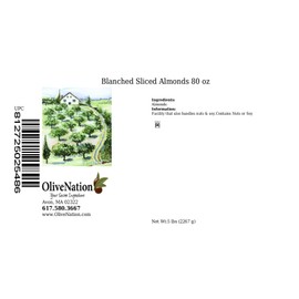 OliveNation Blanched Sliced Almonds, Skinless, Unsalted, Healthy High Fiber Nuts for Baking, Cooking, Decoration, Snacking , Non-GMO, Gluten Free, Kosher, Vegan - 80 ounces