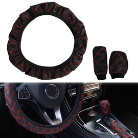 Auto Lenkradbezug, 1 Satz à 3 Stück Auto Lenkrad Abdeckung+Handbremse Abdeckung+Schalthebel Abdeckung, Universal Auto Lenkradhülle, Schützen Sie das Lenkrad, Universal, Schwarz Rot