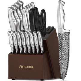Astercook Knife Set, 21 Pieces Kitchen Knife Set with Built-in Sharpener, German Stainless Steel Knife Block Set, Dishwasher Safe