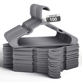 Our Modern Space 100 Pack Plastic Hanger for Shirt Pants Coats Dresses Skirts Suits Jackets - Standard Thick Coat Hanger - Sturdy & Durable Design with Shoulder Grooves Hook - Grey
