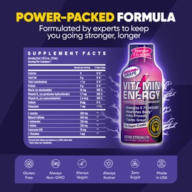 Vitamin Energy Extra Strength Energy Drink Shots | Natural Nutrients to Energize & Support Immune System | Sugar & Carb-Free | Immunity Formula | up to 7+ Hours | Grape - 1.93 fl oz - Pack of 48