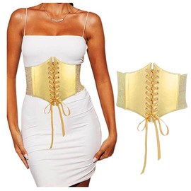 Yalice Women Corset Belt Lace-up Sequins Wide Belt Lace Elastic Skinny Leather Waist Belts Cinch Belt for Women Costume Prom, Gold, Fit Waist Size 25‘’-29‘’
