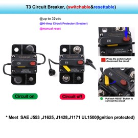 Gloaso 12V 24V Manual Reset Circuit Breaker 50A for Car Automotive Solar RV and More, Type 3 DC Boat Trolling Motor Resettable Breaker 50 Amp, In-Line Fuse max. 32V DC, Overload Protection, Waterproof