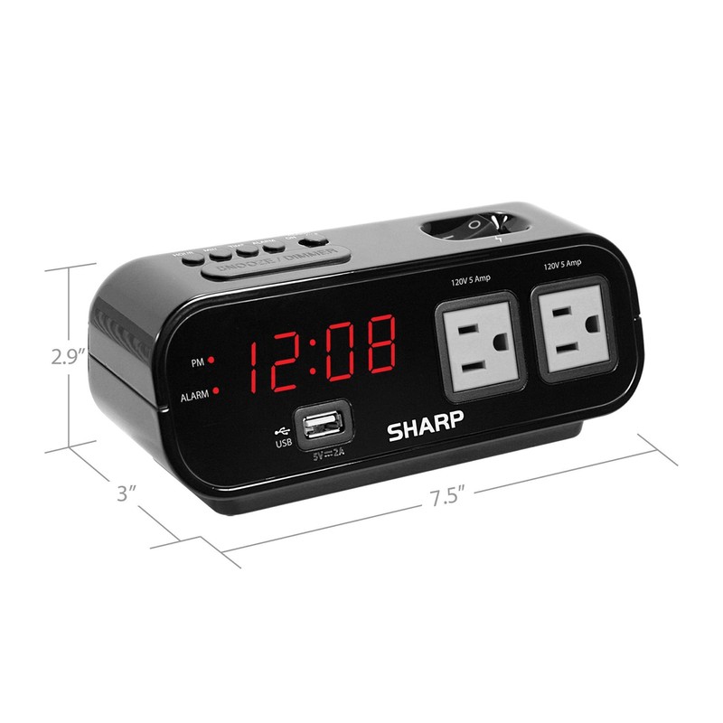 Sharp Digital Alarm Clock with 2X Power Outlets with Surge