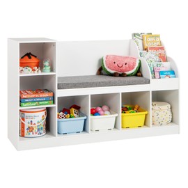 HONEY JOY 53.5" Kids Bookshelf with Reading Nook, Toy Storage Organizer w/Seat Cushion, 7 Cubbies, Kids Display Bookcase w/Bench, Toy Chest and Storage Cabinet for Playroom, Bedroom, Nursery