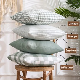 CARRIE HOME Farmhouse Sage Green Plaid Pillow Covers 18x18 Set of 4 Spring Neutral Throw Pillows Light Green Checkered Decorative Pillow Cover for Indoor Couch Bed or Outdoor Porch Patio, Grey Green